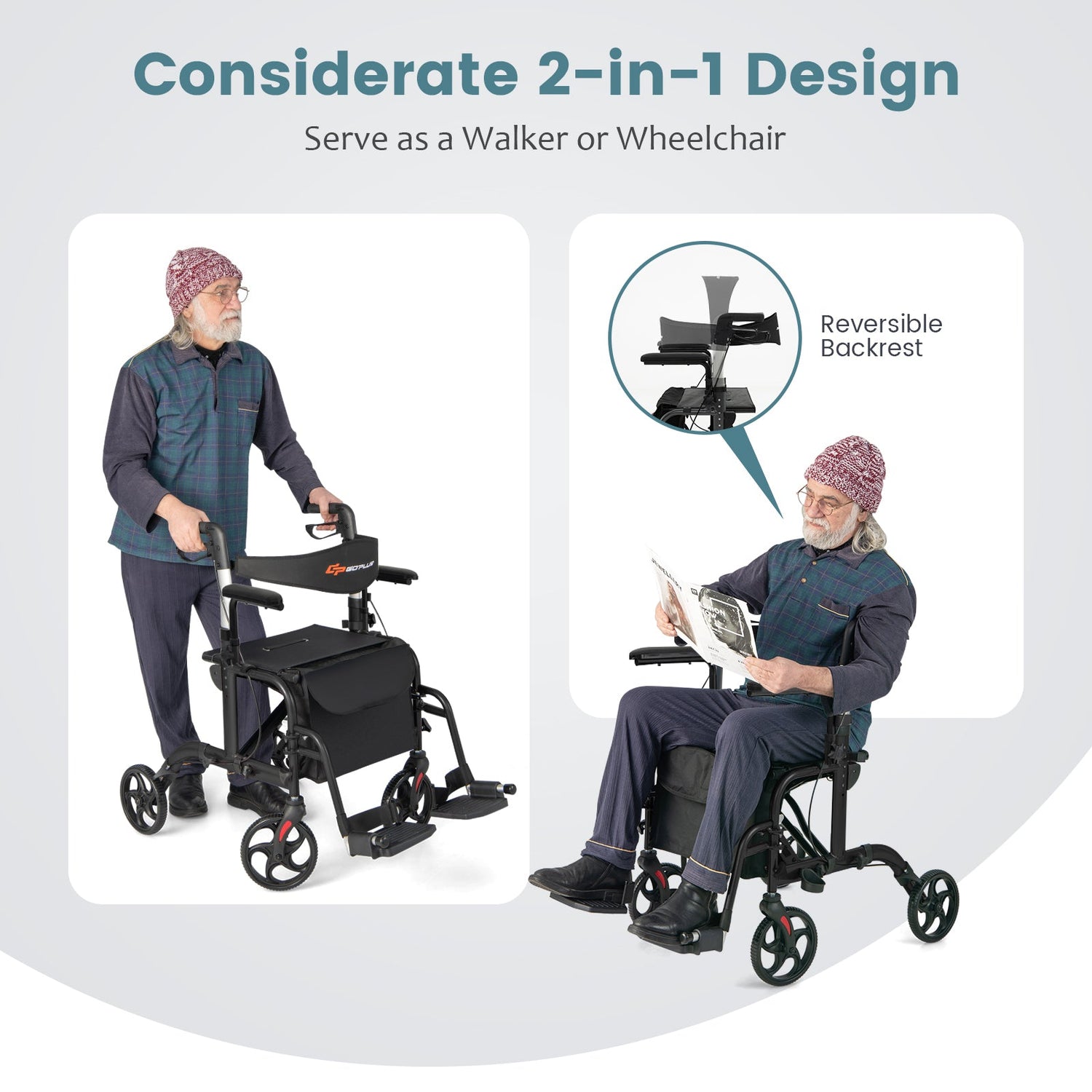 Andador enrollable plegable con asiento y ruedas, soporta hasta 136 kg