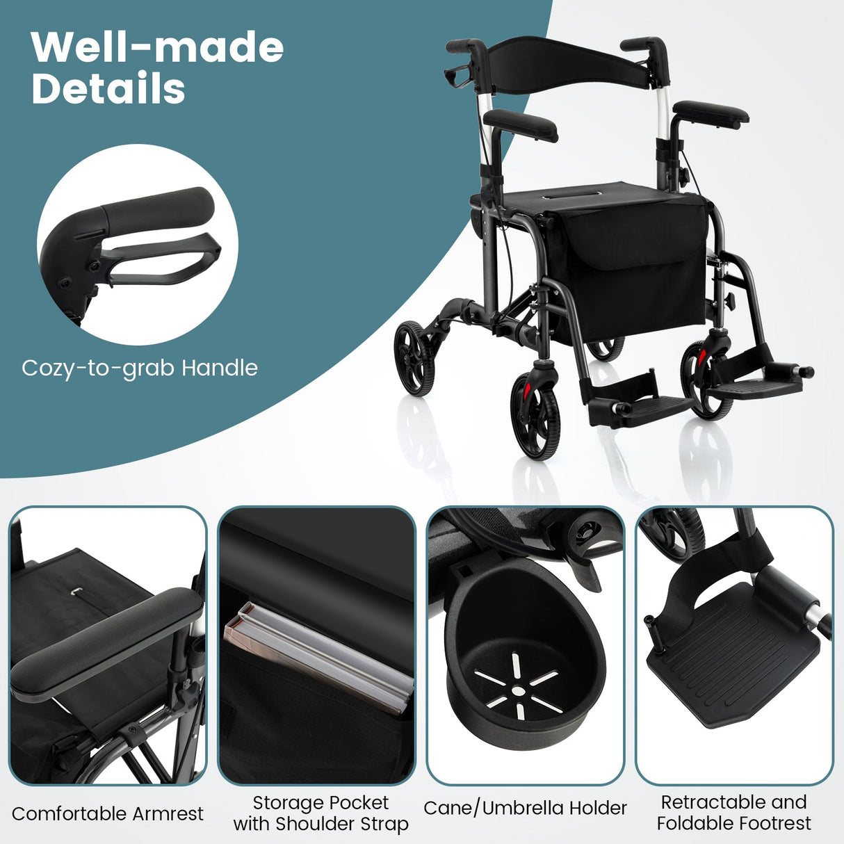 Andador enrollable plegable con asiento y ruedas, soporta hasta 136 kg
