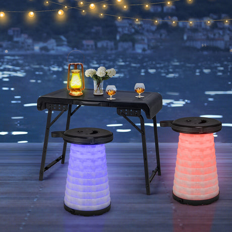 Juego de taburetes de mesa plegables de camping de 3 piezas con 2 taburetes LED retráctiles - Negro