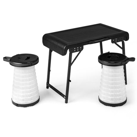 Juego de taburetes de mesa plegables de camping de 3 piezas con 2 taburetes LED retráctiles - Negro