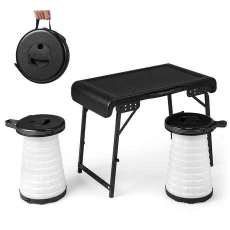 Juego de taburetes de mesa plegables de camping de 3 piezas con 2 taburetes LED retráctiles - Negro