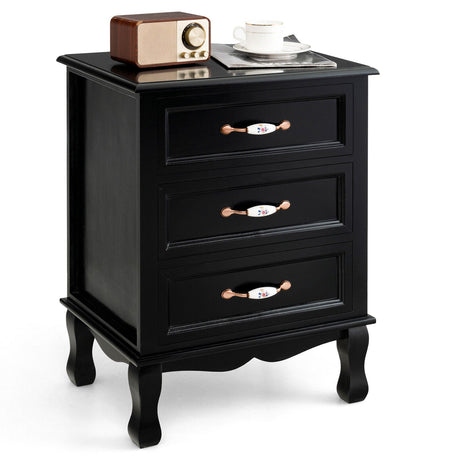 Mesita de noche de 3 cajones con patas de madera maciza para sala de estar/dormitorio - Negro