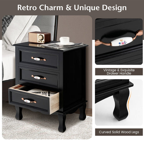 Mesita de noche de 3 cajones con patas de madera maciza para sala de estar/dormitorio - Negro