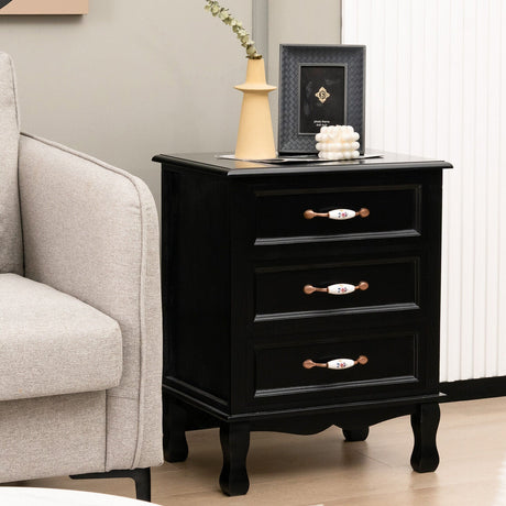 Mesita de noche de 3 cajones con patas de madera maciza para sala de estar/dormitorio - Negro
