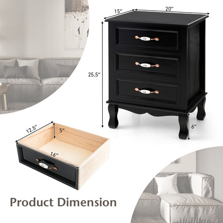 Mesita de noche de 3 cajones con patas de madera maciza para sala de estar/dormitorio - Negro