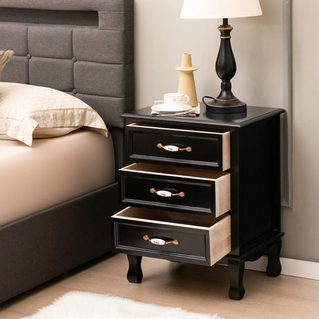 Mesita de noche de 3 cajones con patas de madera maciza para sala de estar/dormitorio - Negro