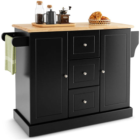 Carrito de isla de cocina móvil grande de 2 puertas con ruedas ocultas y 3 cajones