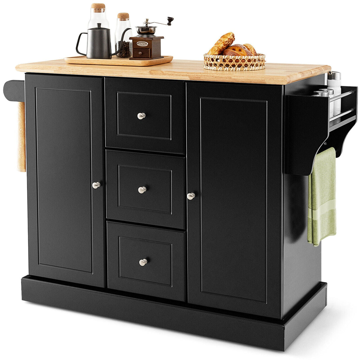 Carrito de isla de cocina móvil grande de 2 puertas con ruedas ocultas y 3 cajones