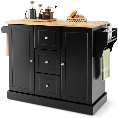 Carrito de isla de cocina móvil grande de 2 puertas con ruedas ocultas y 3 cajones