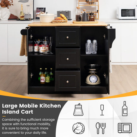Carrito de isla de cocina móvil grande de 2 puertas con ruedas ocultas y 3 cajones
