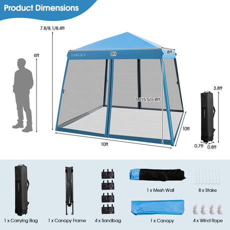 Carpa instantánea de 10 x 10 pies con paredes laterales de malla y bolsa con ruedas