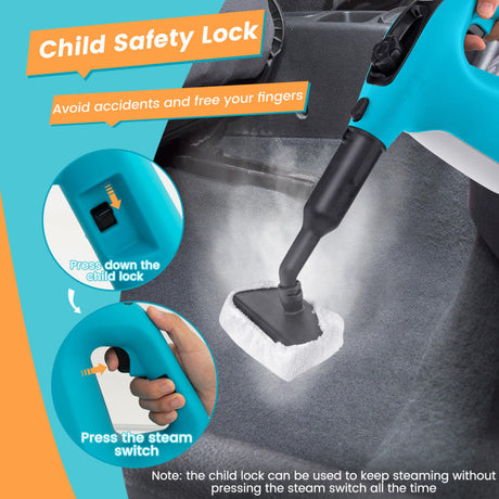 Limpiadora a Vapor Manual de 1400W con Kit de Accesorios de 14 Piezas y Bloqueo de Seguridad para Niños