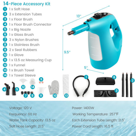 Limpiadora a Vapor Manual de 1400W con Kit de Accesorios de 14 Piezas y Bloqueo de Seguridad para Niños
