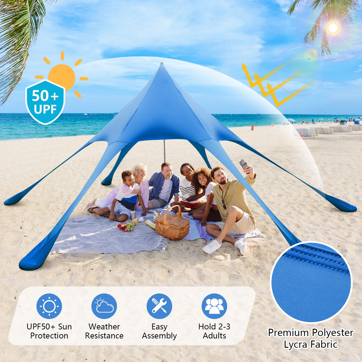 Carpa Toldo de Playa de 20 x 20 pies con Protección Solar UPF 50+ y Pala