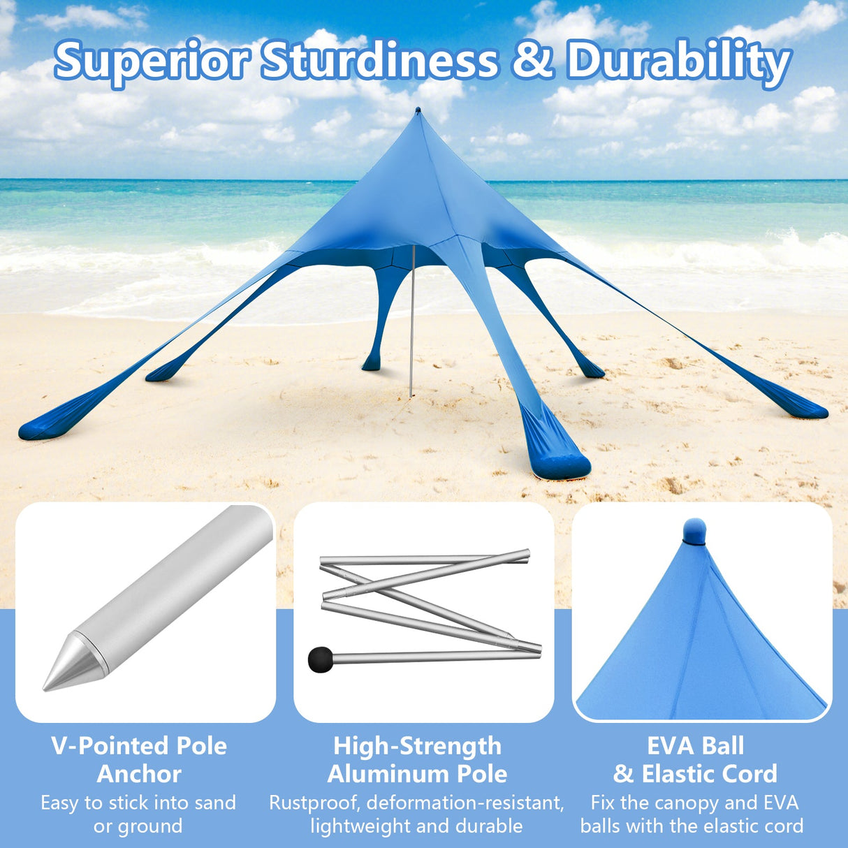 Carpa Toldo de Playa de 20 x 20 pies con Protección Solar UPF 50+ y Pala