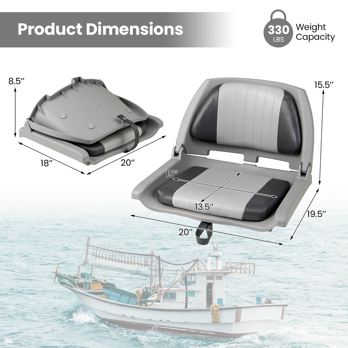 Asiento de barco plegable con respaldo bajo y PVC de calidad marina