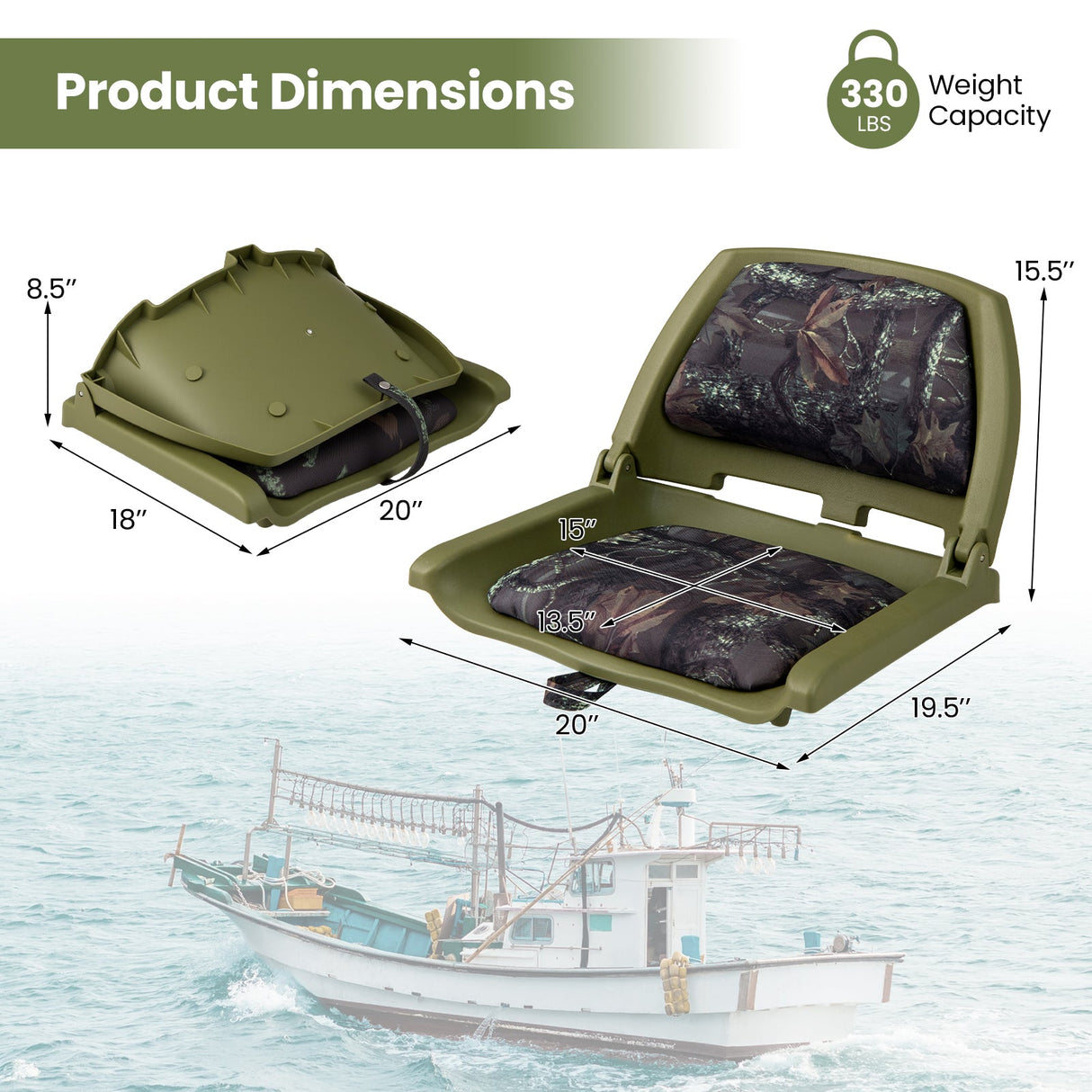Asiento de barco plegable con respaldo bajo y PVC de calidad marina
