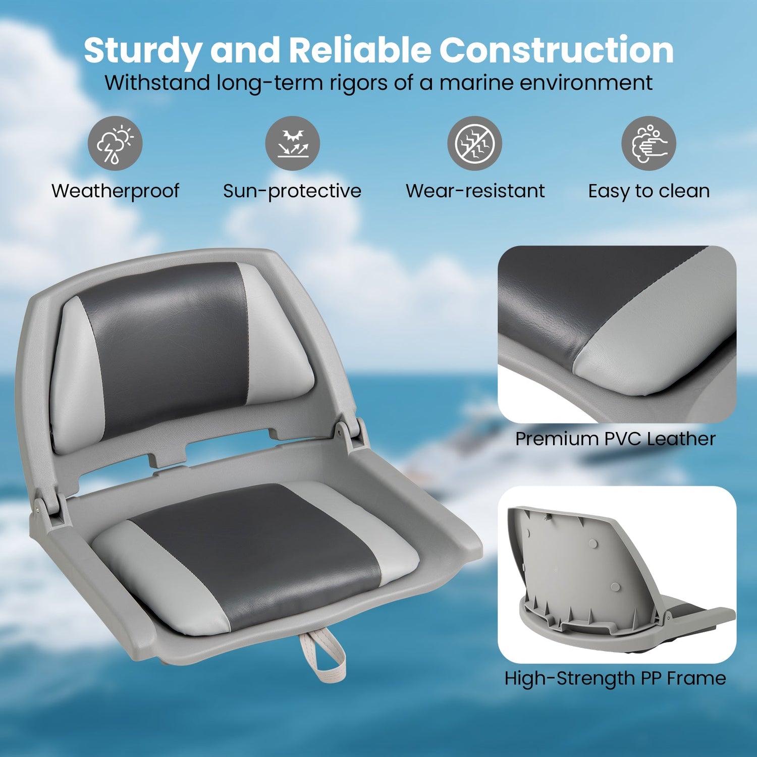 Asiento de barco plegable con respaldo bajo y PVC de calidad marina