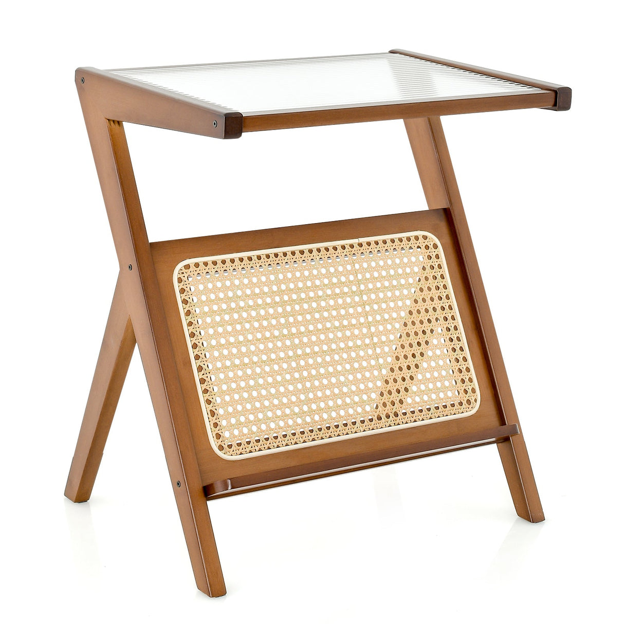 Mesa auxiliar bohemia con revistero y tablero de cristal templado