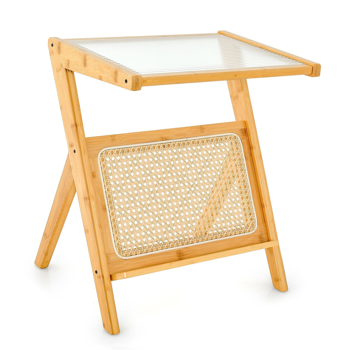 Mesa auxiliar bohemia con revistero y tablero de cristal templado