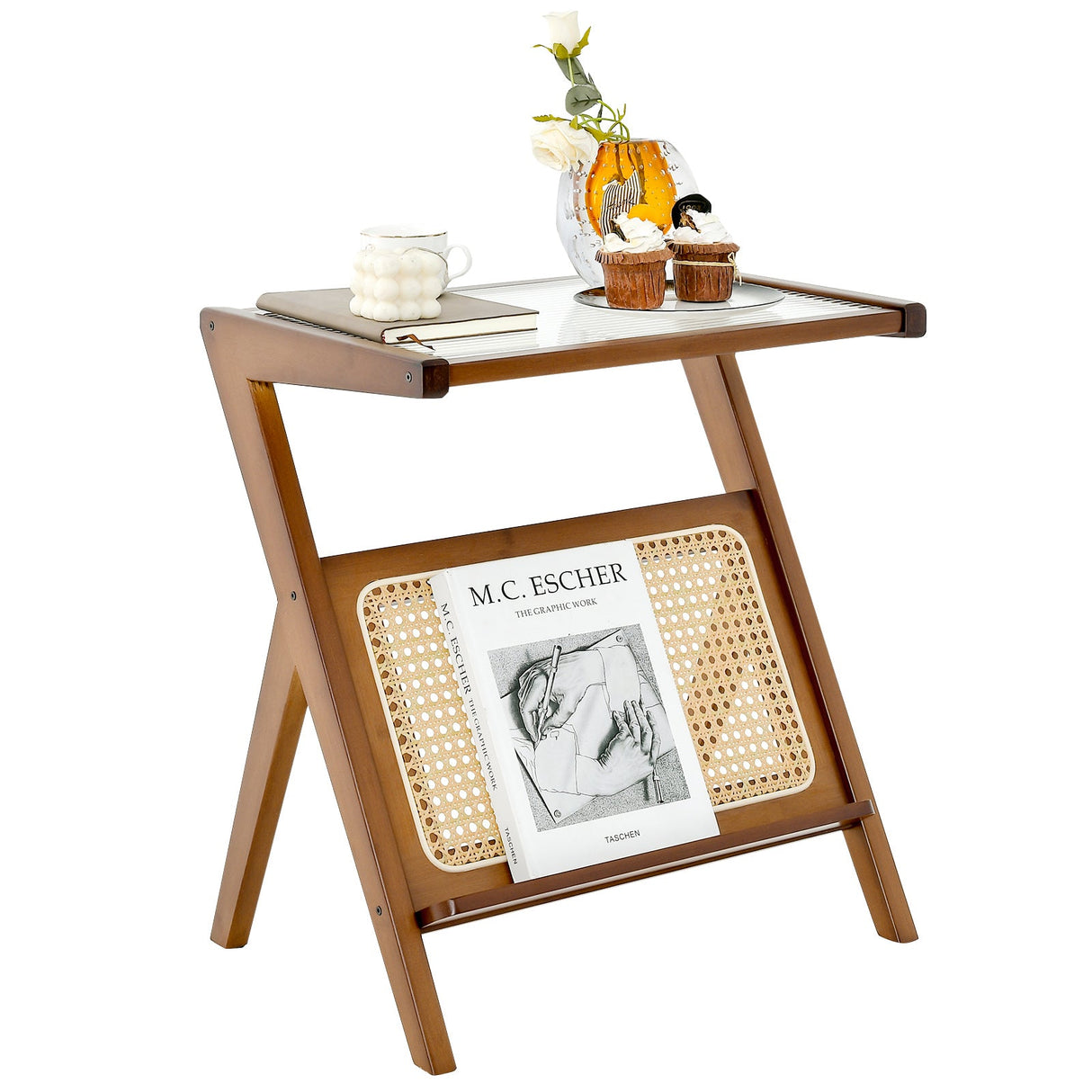 Mesa auxiliar bohemia con revistero y tablero de cristal templado