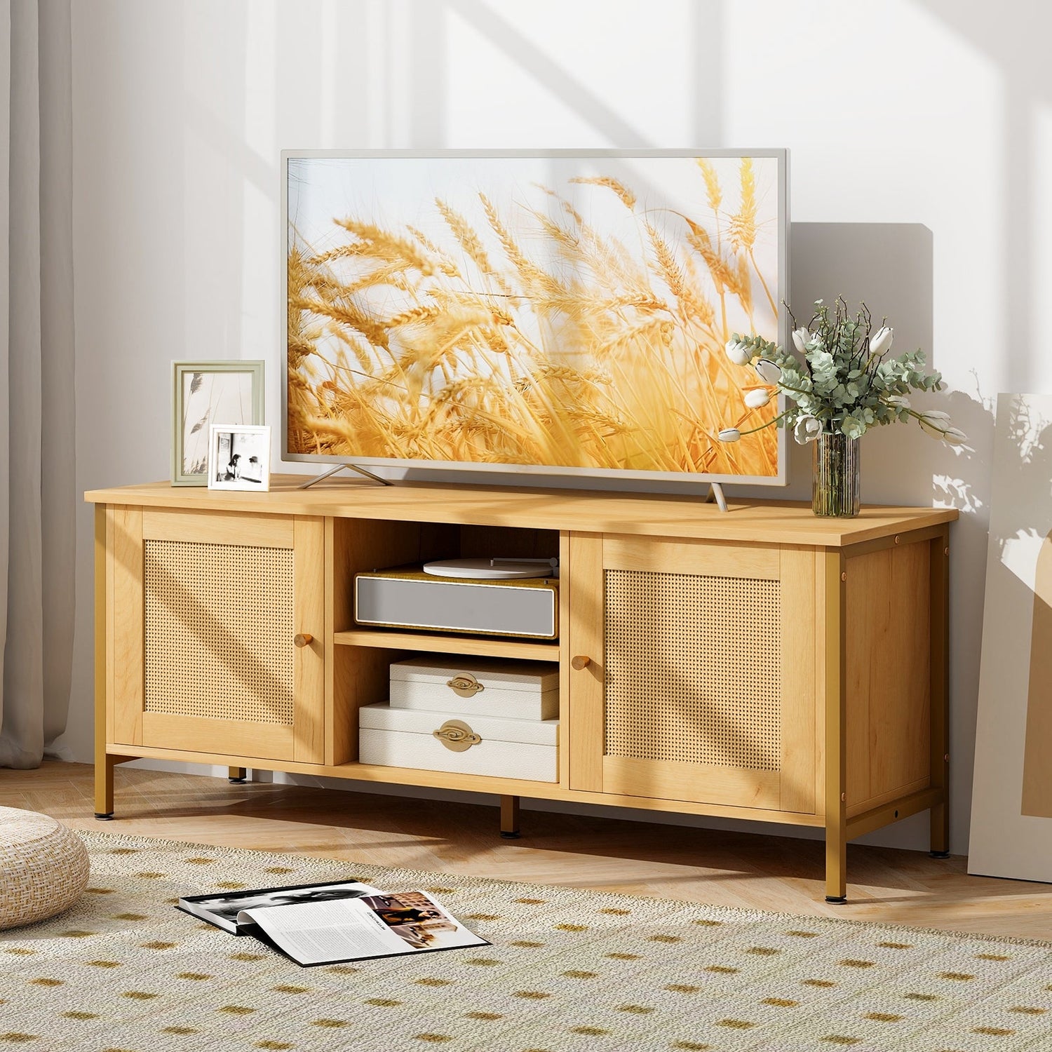 Mueble de TV Boho para televisores de hasta 55 pulgadas con puerta de ratán sintético - Natural
