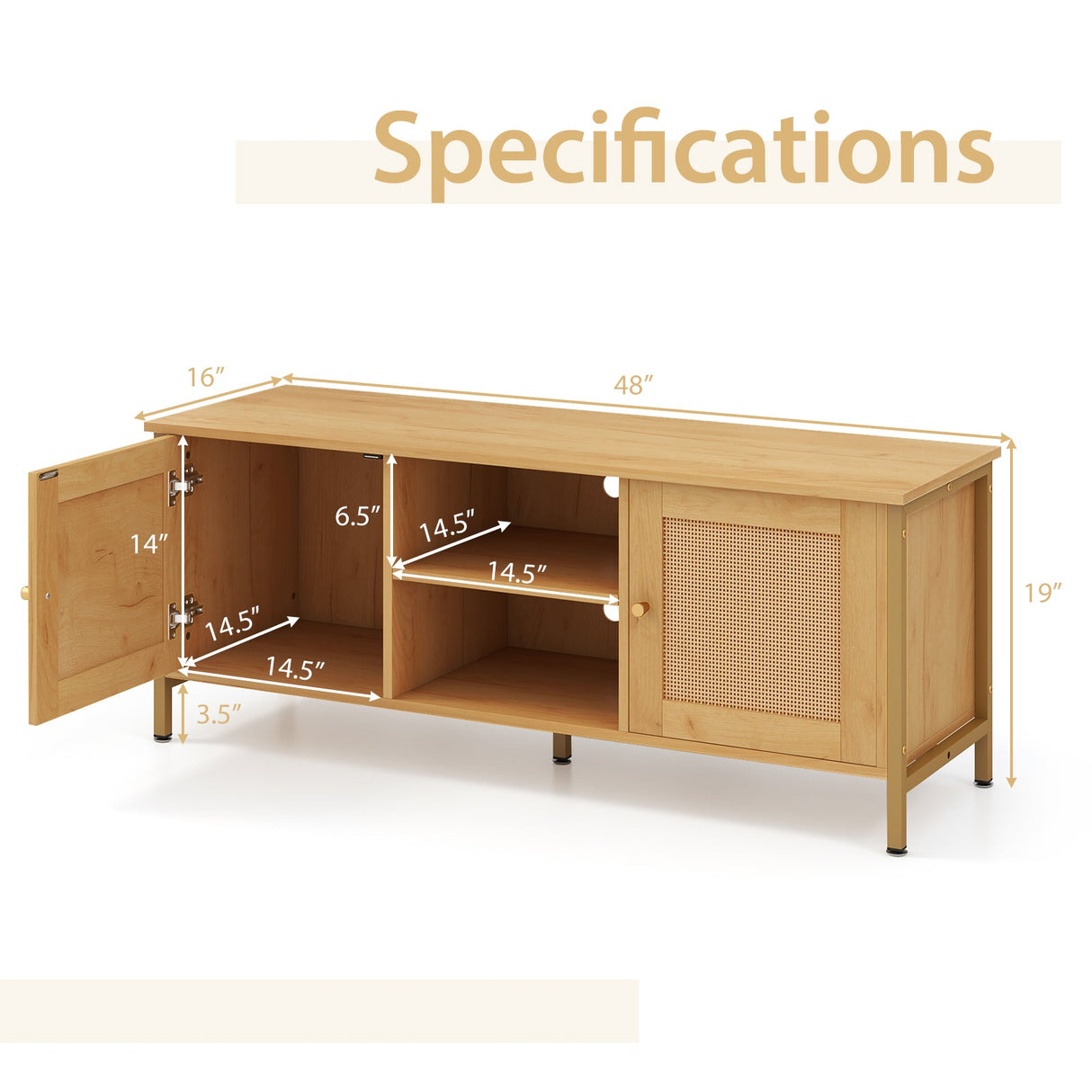 Mueble de TV Boho para televisores de hasta 55 pulgadas con puerta de ratán sintético - Natural