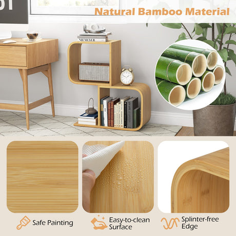 Estantería de bambú en forma de S de 2 niveles con 2 cubos abiertos para sala de estar-Natural