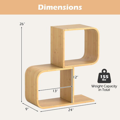 Estantería de bambú en forma de S de 2 niveles con 2 cubos abiertos para sala de estar-Natural