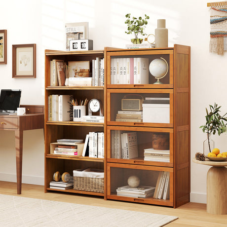 4-Tier Bamboo Bookcase with Doors for Study Room Living Room