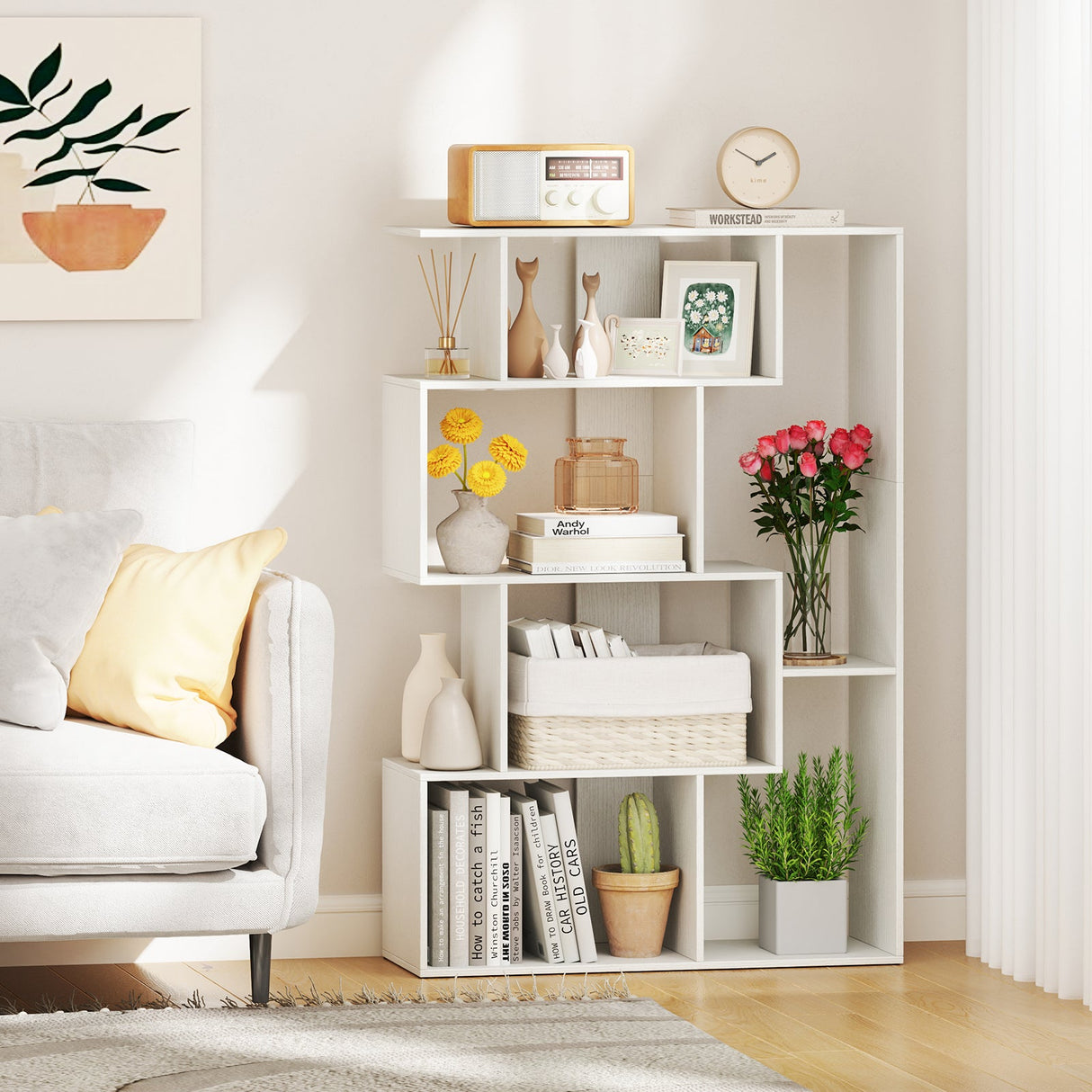 Estantería geométrica de 47 pulgadas con 6 cubos de espalda abierta para dormitorio o sala de estar