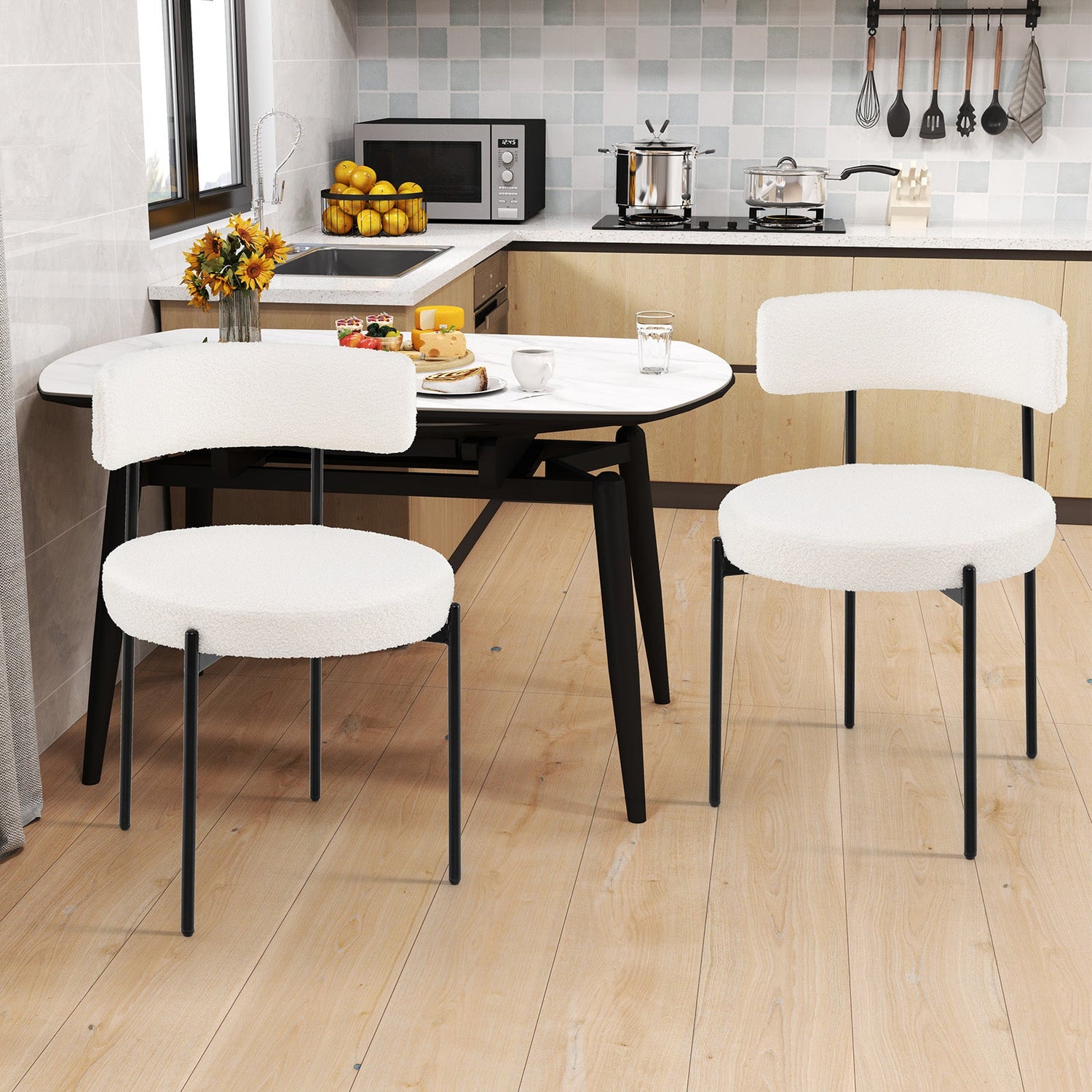 Sillas de Comedor Boucle con Respaldo Curvo y Patas Metálicas, Juego de 2 - Blancas