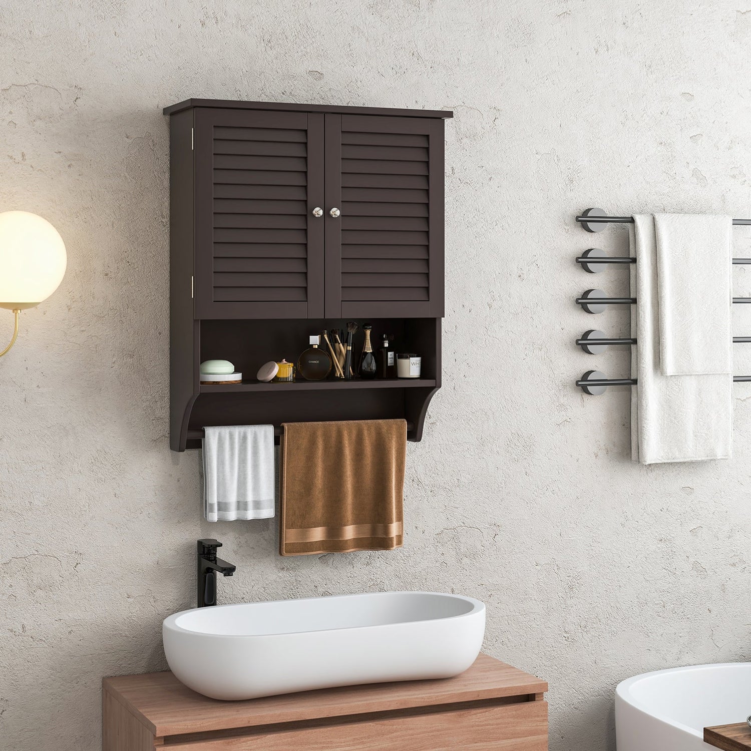 Botiquín de baño de 2 puertas montado en la pared con toallero