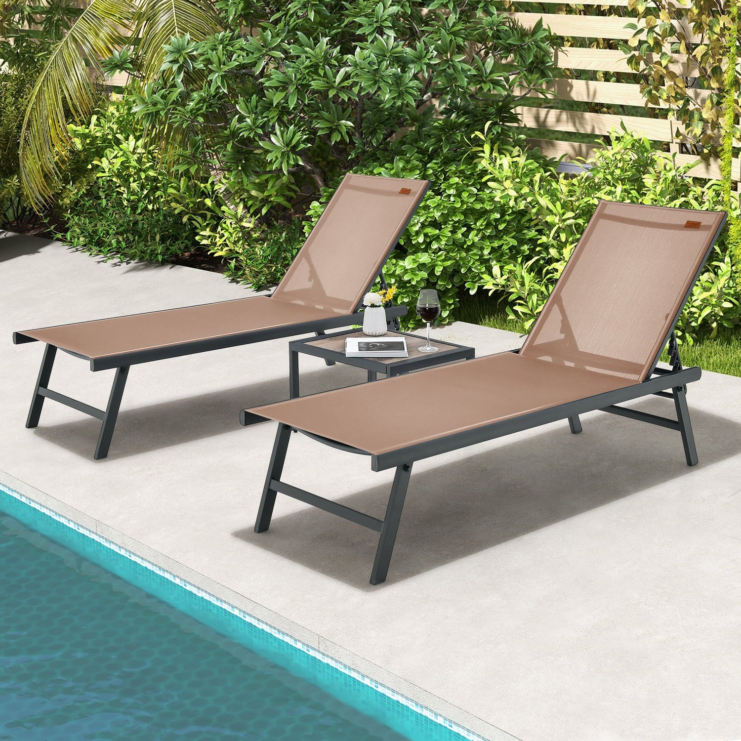 Set de 3 piezas de tumbona y mesa para patio, para piscina o jardín