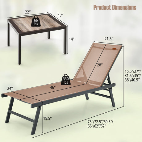 Set de 3 piezas de tumbona y mesa para patio, para piscina o jardín