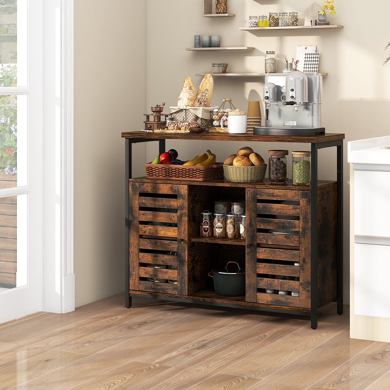 Mueble aparador industrial con puerta de persiana de apertura a presión y 3 estantes ajustables - Marrón rústico