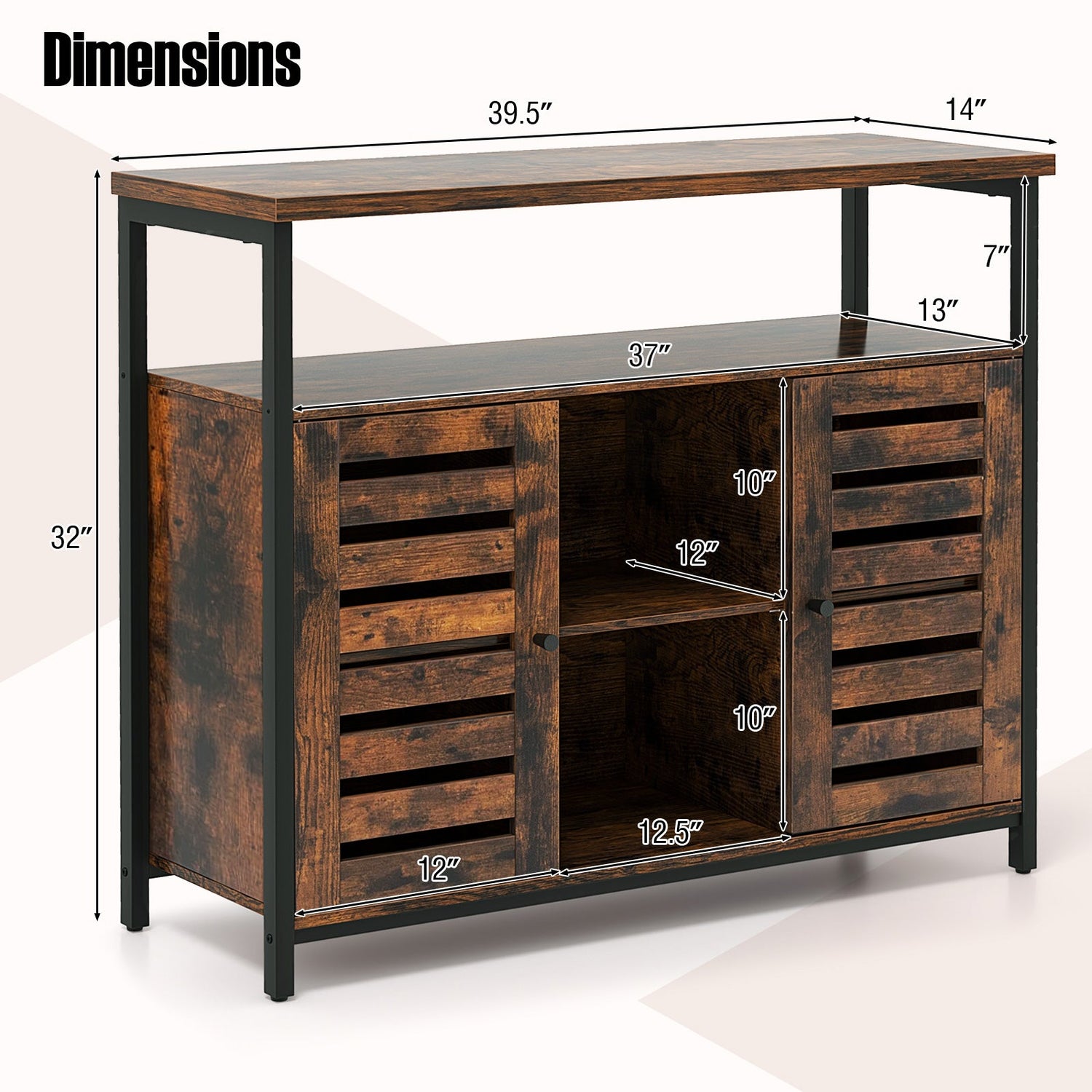 Mueble aparador industrial con puerta de persiana de apertura a presión y 3 estantes ajustables - Marrón rústico