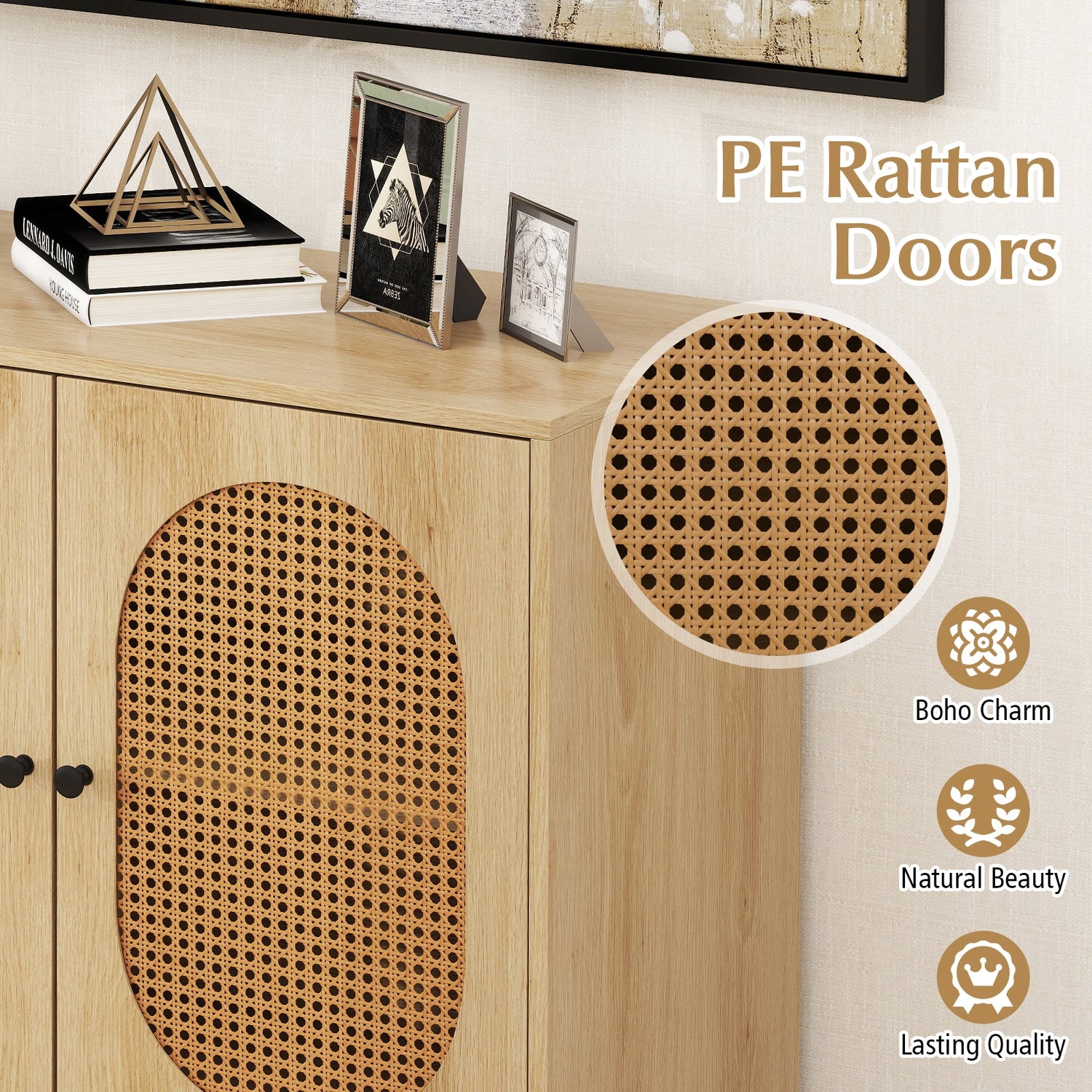 Aparador con almacenamiento de ratán, 2 puertas y estante ajustable