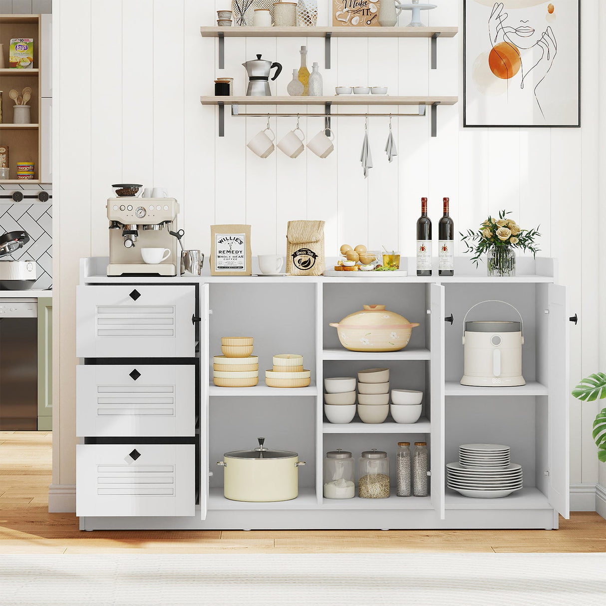 Mueble Buffet con Almacenamiento Aparador Moderno con 3 Puertas-Blanco