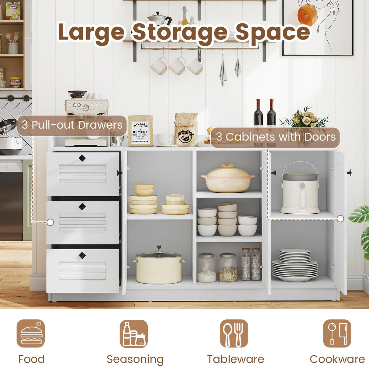 Mueble Buffet con Almacenamiento Aparador Moderno con 3 Puertas-Blanco