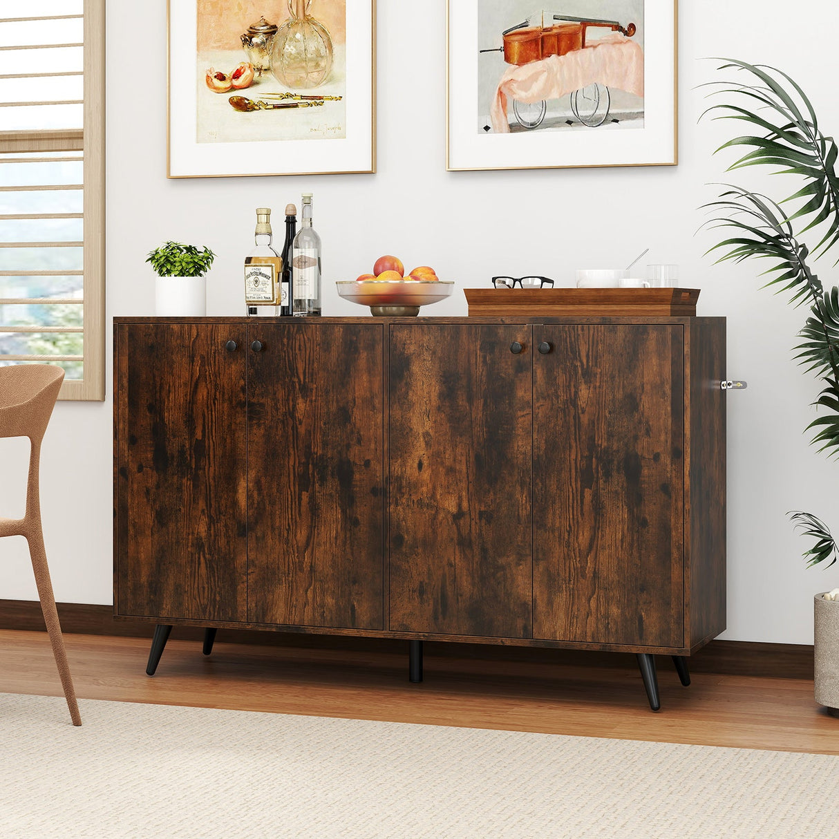 Aparador bufé, mueble de almacenamiento moderno de mediados de siglo con estantes ajustables