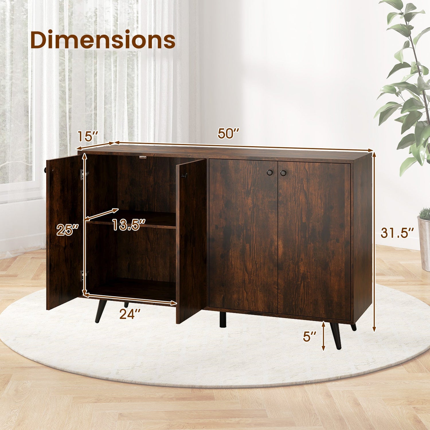 Aparador bufé, mueble de almacenamiento moderno de mediados de siglo con estantes ajustables