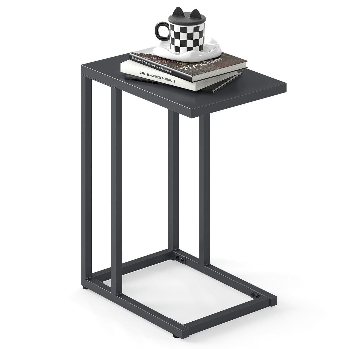 Mesa Auxiliar en Forma de C con Patas Ajustables para Sala de Estar Dormitorio-Gris Oscuro