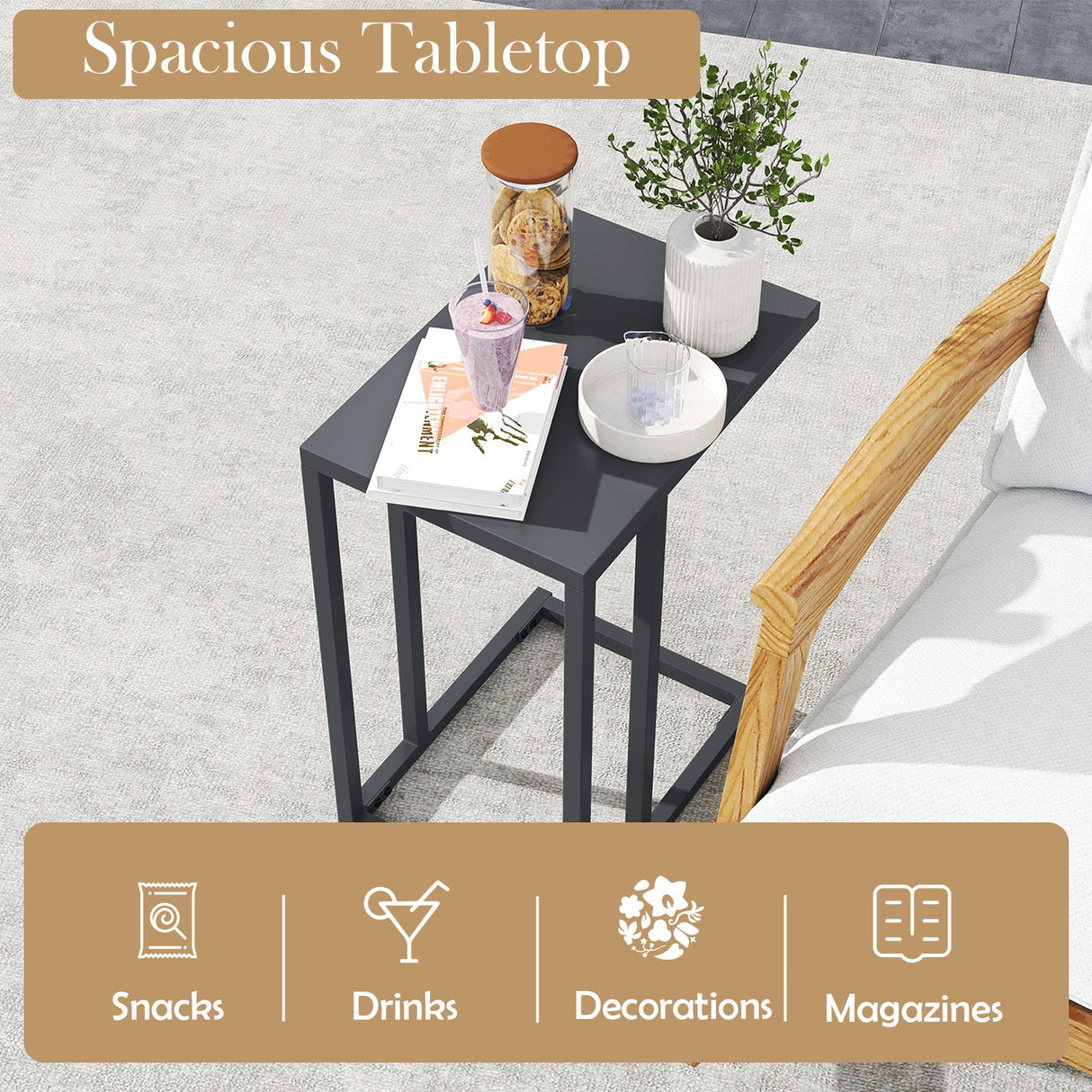 Mesa Auxiliar en Forma de C con Patas Ajustables para Sala de Estar Dormitorio-Gris Oscuro