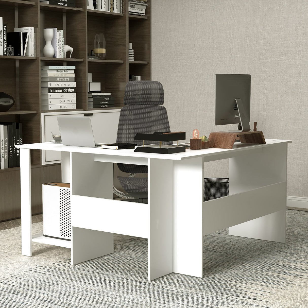 Escritorio esquinero grande y moderno en forma de L con 2 orificios para cables y 2 estantes de almacenamiento - Blanco