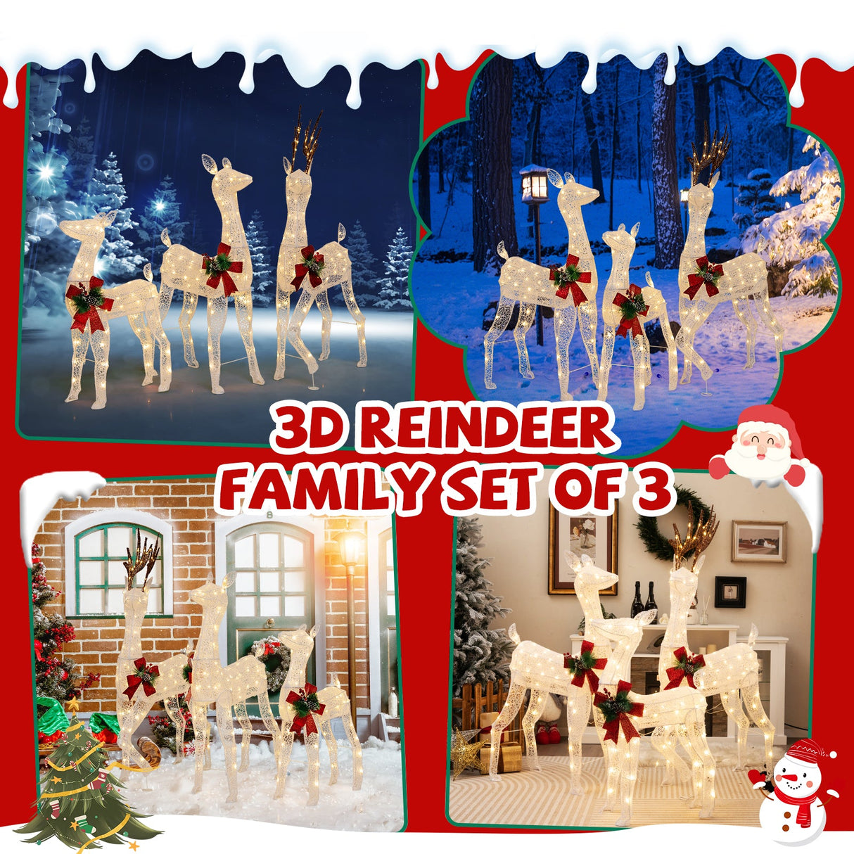 Familia de 3 Renos de Navidad Preiluminados con 230 Luces LED Blancas Cálidas