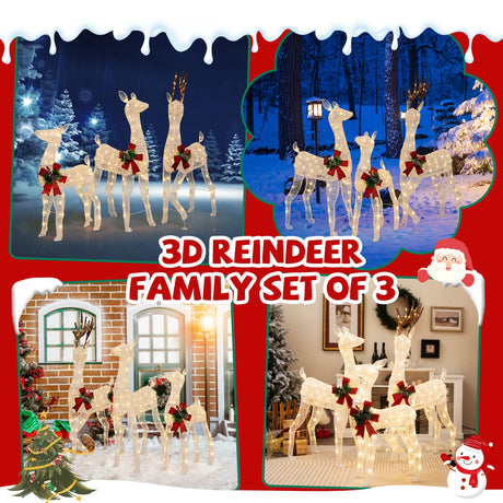 Familia de 3 Renos de Navidad Preiluminados con 230 Luces LED Blancas Cálidas