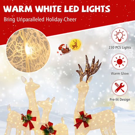 Familia de 3 Renos de Navidad Preiluminados con 230 Luces LED Blancas Cálidas