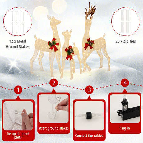 Familia de 3 Renos de Navidad Preiluminados con 230 Luces LED Blancas Cálidas