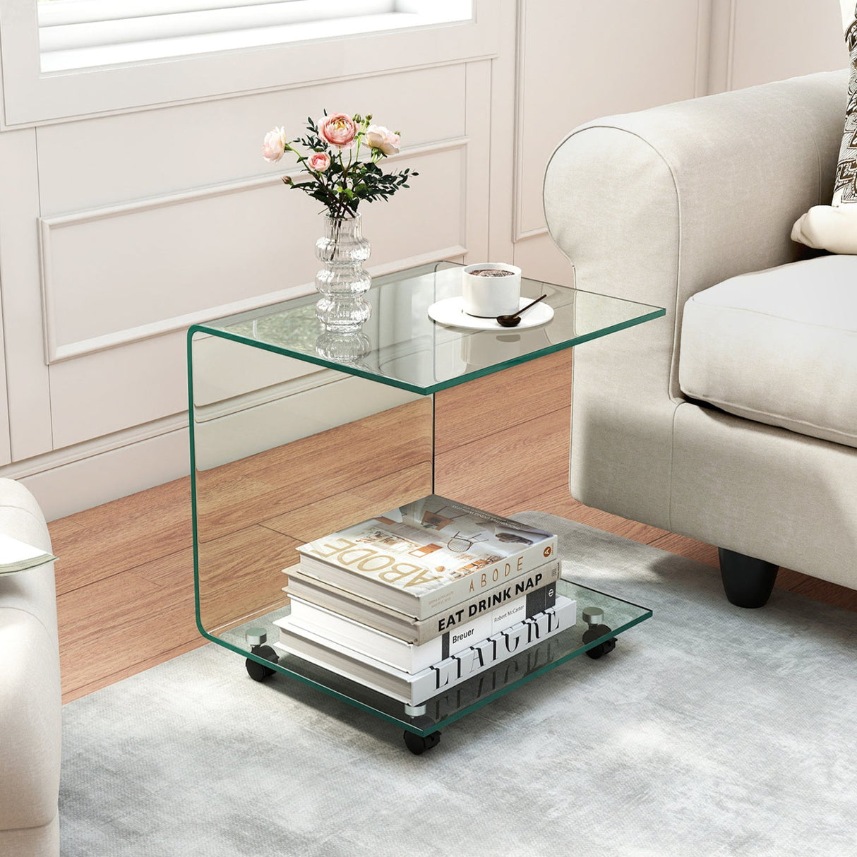 Mesa auxiliar en forma de C, de cristal templado moderno, con estante